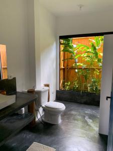 a bathroom with a white toilet and a sink at Pousada Flor do Rio in Caraíva