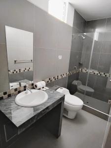 W łazience znajduje się umywalka, toaleta i prysznic. w obiekcie Tierra del Sol Centro w mieście Moquegua