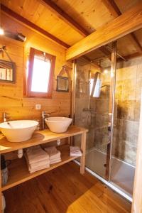 uma casa de banho com 2 lavatórios e um chuveiro em Les Lodges de la ViaRhôna / cabane-spa em Virignin