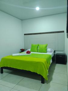 Schlafzimmer mit einem Bett mit grüner Bettwäsche und Kissen in der Unterkunft Hotel plaza centro in Florencia