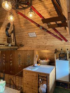 a kitchen with wooden walls and a counter with a refrigerator at Berghütte Waldheimat in Ratten