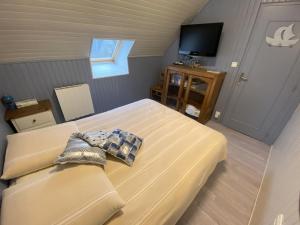 een kleine slaapkamer met een bed en een televisie bij Belle maison avec piscine privée in Saint-Pierre-Quiberon
