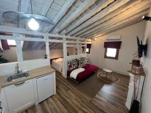 a room with a bed and a kitchen and a sink at Casa de las Lías in Chinchón