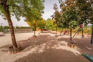 un parc avec une aire de jeux arborée et une balançoire dans l'établissement Bodega Andrés Iniesta con visita y cata, à Fuentealbilla