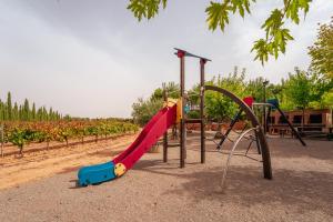 um parque infantil com um escorrega vermelho num parque em Bodega Andrés Iniesta con visita y cata em Fuentealbilla