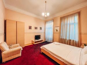 a bedroom with a bed and a chair and a television at Apartment - Independence Square in Kyiv