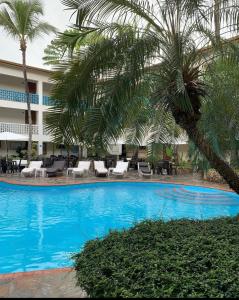 a large blue swimming pool with palm trees in front of a building at Acuarium Suite Resort in Santo Domingo