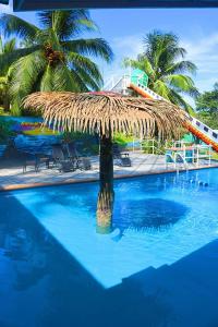 a large blue swimming pool with a straw umbrella at Castillo Inspiracion Hostel in Bocas del Toro