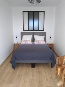 een slaapkamer met een blauw bed met 2 kussens bij LA SALAMANDRE in Blois +8 foto's