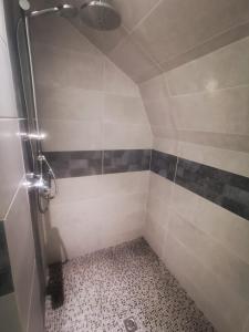 uma casa de banho com um chuveiro com riscas pretas e brancas em Au numéro 6 Le Fun em Châteauroux