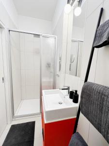 ein Bad mit einer Dusche und einem weißen Waschbecken in der Unterkunft Sissi West in Wien