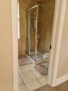 a bathroom with a shower and a toilet at Rainworth Lodge in Nottingham