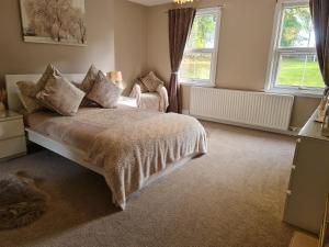 a bedroom with a bed and two windows at Rainworth Lodge in Nottingham