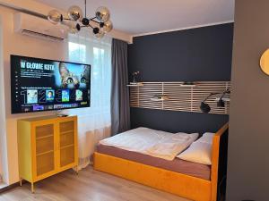 a bedroom with a bed and a flat screen tv at ZŁOTA KOBIETA in Warsaw