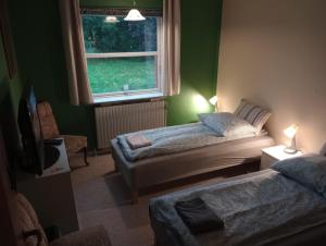 a green room with two beds and a window at Annex88 B&B in Fårvang