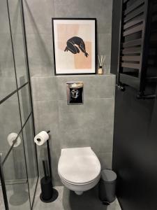 a bathroom with a toilet and a picture on the wall at Apartament City Spa - Sokolska 30 Towers in Katowice