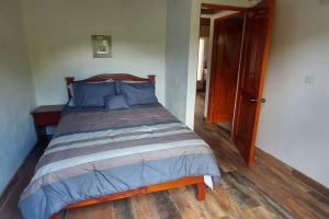 1 dormitorio con 1 cama grande con almohadas azules en Juliet's Coffee House, en Higueronal