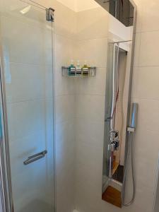 W łazience znajduje się prysznic ze szklanymi drzwiami. w obiekcie San Siro Design Apartment w Mediolanie