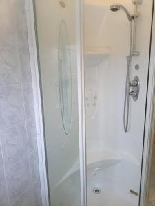 una doccia con una porta in vetro in un bagno di BOLOGNA QUARTIERE SAVENA - APPARTAMENTO DI STEFANO a Bologna Altre 16 foto
