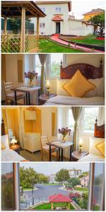 un collage di quattro fotografie di tavoli e sedie di Residencial Airside Palace a Lisbona