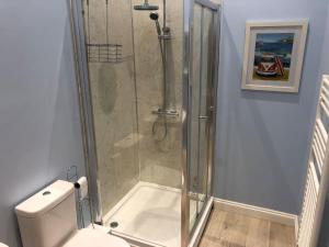 a bathroom with a shower with a toilet and a glass shower stall at Central Newark Apartment 1 St Mary’s Rooms in Newark upon Trent