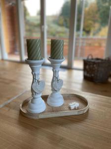 dois vasos sobre uma mesa sobre um piso de madeira em kleineauszeit3, Feldberg, direkt an Skipiste, mit Sauna em Feldberg