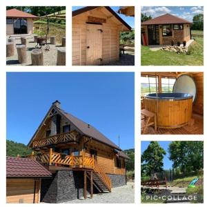 a collage of four pictures of a log cabin at Agroturystyka Wudarsówka in Sokolec
