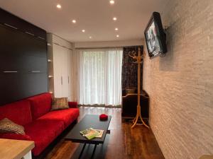 un soggiorno con divano rosso e muro di mattoni di Studio tout confort au calme avec jardin proche Cannes a Le Cannet Altre 33 foto