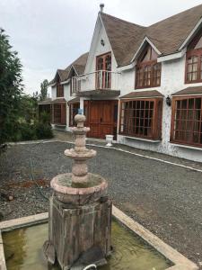 una fuente de piedra frente a una casa en HOTEL BOUTIQUE CASA BLANCA, en Chillán