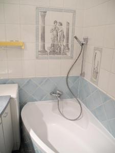 La salle de bains est pourvue d'une baignoire et d'une douche. dans l'établissement Jugendstil Apartment, à Vienne
