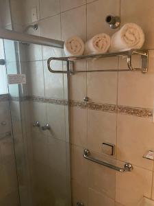 a bathroom with a shower with a glass door and towels at Marge Hotel in Aparecida