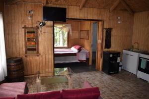 ein Wohnzimmer mit einem Zimmer mit einem Bett und einer Küche in der Unterkunft cabañas rio yelcho in Chaitén
