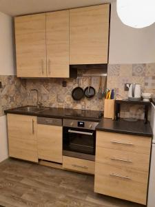 a kitchen with wooden cabinets and a stove top oven at Apartment Riegerovka in Cheb