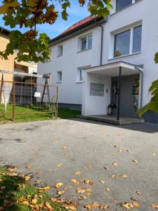 una casa blanca con una entrada delante de ella en Wohnung 2 in zentraler Lage im Rheintal, en Götzis