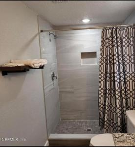 uma casa de banho com chuveiro e cortina de chuveiro em The Jewel of Jacksonville em Jacksonville