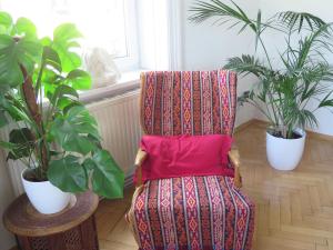 une chaise avec un oreiller rouge dans une chambre ornée de plantes dans l'établissement Jugendstil Apartment, à Vienne