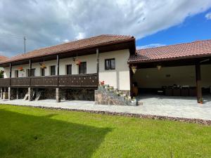 una casa con un césped verde delante de ella en Tulipán vendégház, en Lupeni