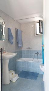 Modern vacation house near Ermioni في Loukaḯtion: حمام مع حوض استحمام ومغسلة ومرحاض