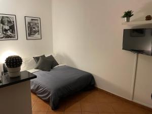 a small bedroom with a bed and a television at MammaRo's House in Naples