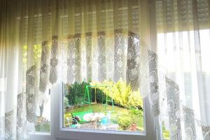 ventana con vistas a un jardín en el patio trasero en ZNK Family House, en Skopje