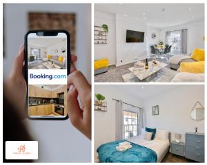 a person taking a picture of a living room and a bedroom at The Highstreet Retreat - Luxurious, Central & Spacious! By Hinkley Homes Short Lets & Serviced Accommodation in Bridgwater