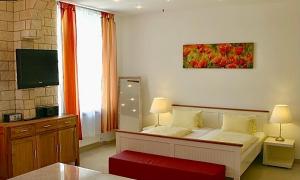 1 dormitorio con 1 cama y TV en una habitación en Suite Apartment Jedlesee en Viena