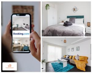 una persona que toma una foto de un dormitorio y una habitación de hotel en Modern Townhouse - Free Gated Parking - City Centre - 5 ! By Hinkley Homes Short Lets & Serviced Accommodation en Liverpool