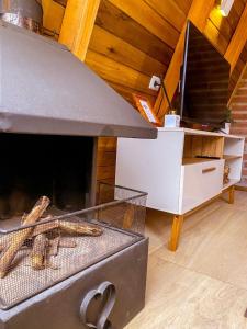 a kitchen with a grill with some animals in it at Morada do Corujão - Encanto in Praia Grande