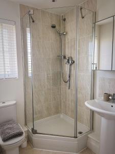 a bathroom with a shower and a toilet and a sink at Marine House in Camber