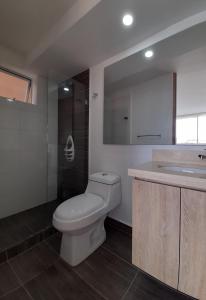 La salle de bains est pourvue de toilettes et d'un lavabo. dans l'établissement Aparta Estudios zona 10, à Armenia