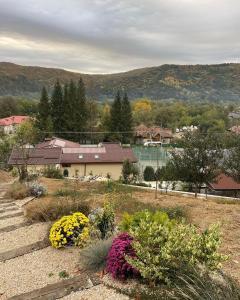 un jardin fleuri et une maison en arrière-plan dans l'établissement Casa Beatrice, à Grăjdana