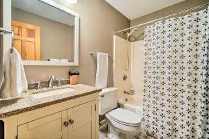 a bathroom with a toilet sink and a shower curtain at Family-Friendly Stratton Gem Close to Slopes! in Stratton +22 photos