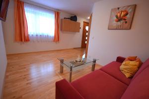ein Wohnzimmer mit einem roten Sofa und einem Glastisch in der Unterkunft Haus Sonnplatzl in Kirchberg in Tirol