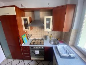a small kitchen with a stove and a sink at Pokoje Bora-Komorowskiego in Warsaw